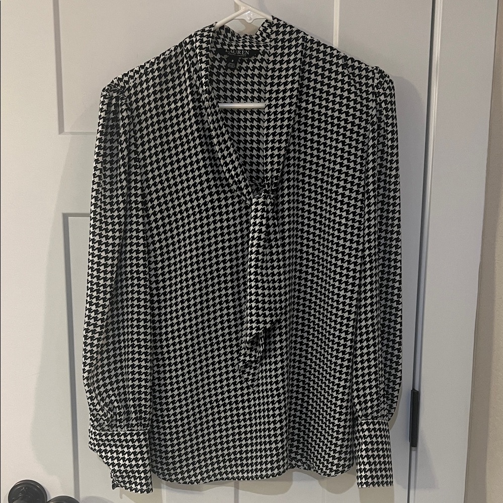Lauren Ralph Lauren Houndstooth Blouse Womens 8 Black White Career Top